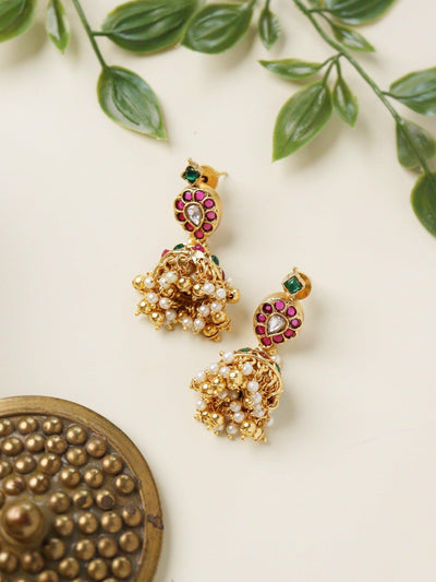  22K Gold Plated Paisely Inspired Ruby Studded Jhumka