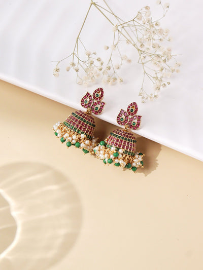  22K Gold Plated Leaf Trio Ruby And Emerald Jhumkas