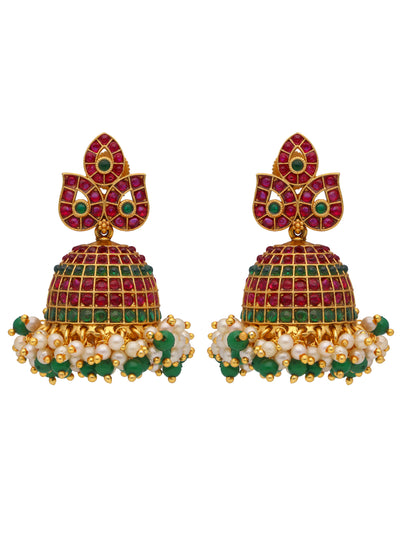 22K Gold Plated Leaf Trio Ruby And Emerald Jhumkas 