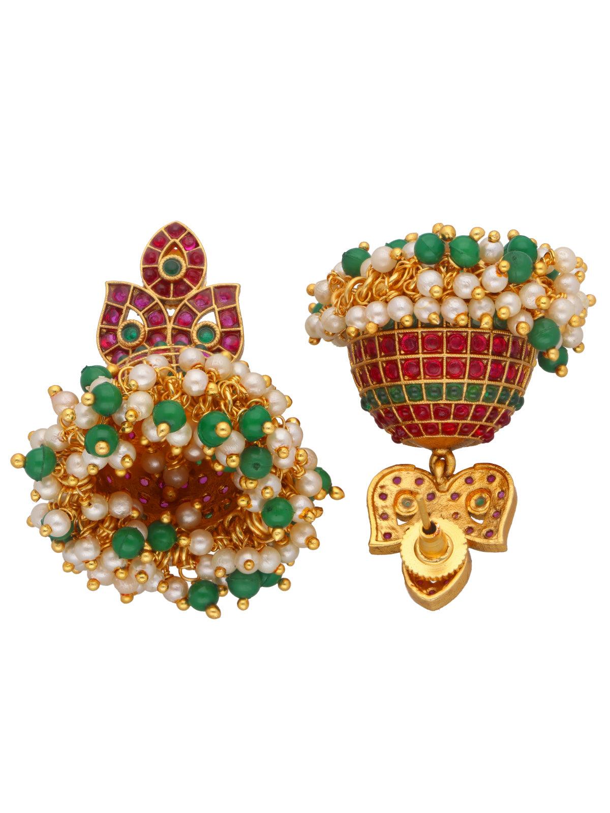 22K Gold Plated Leaf Trio Ruby And Emerald Jhumkas 