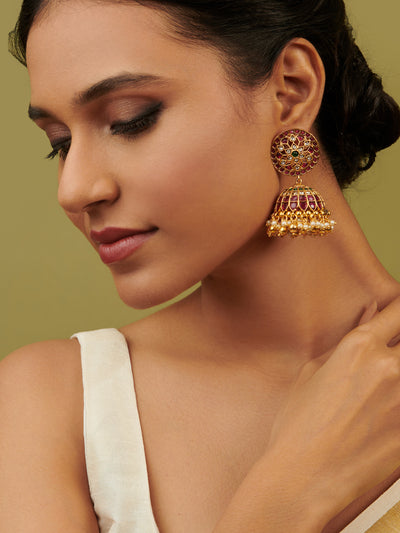  22K Gold Plated Floral Ruby And Emerald Stuuded Jhumkas