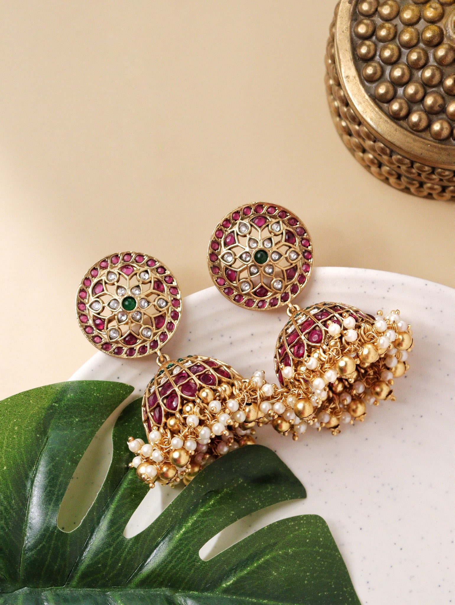  22K Gold Plated Floral Ruby And Emerald Stuuded Jhumkas