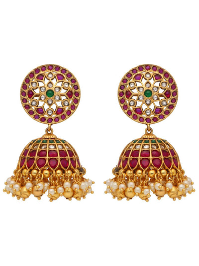 22K Gold Plated Floral Ruby And Emerald Studded Jhumkas 