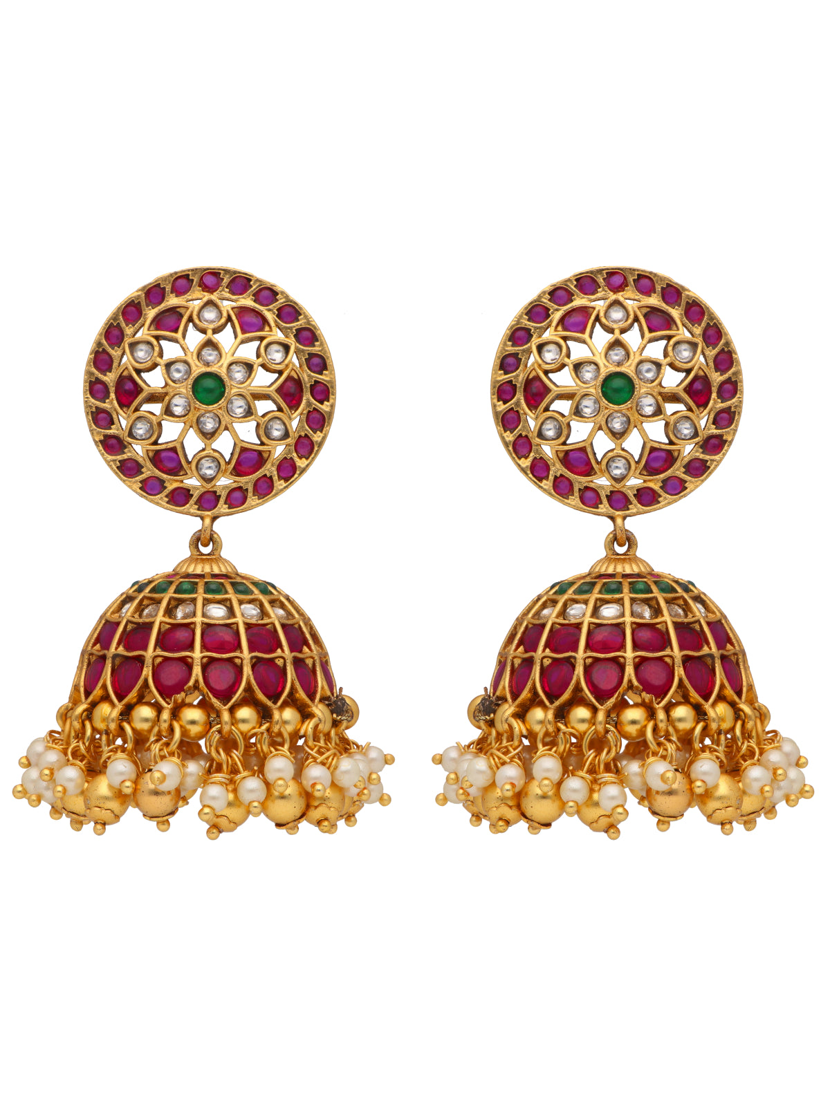 22K Gold Plated Floral Ruby And Emerald Stuuded Jhumkas 