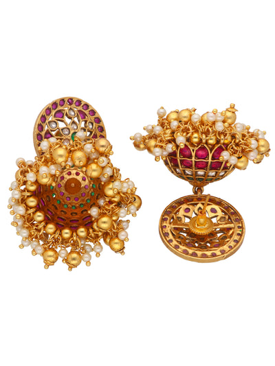 22K Gold Plated Floral Ruby And Emerald Stuuded Jhumkas 