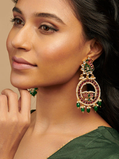 Temple Mayura Red and Green Chandbali Earrings 