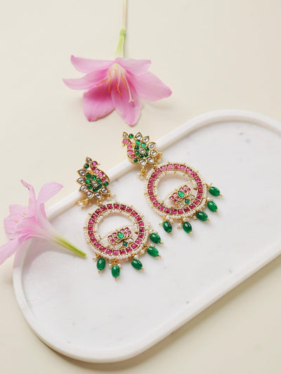 Temple Mayura Red and Green Chandbali Earrings 