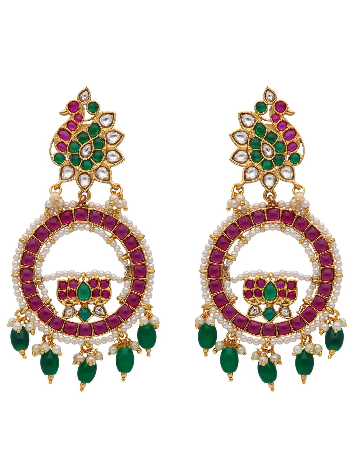 Temple Mayura Red and Green Chandbali Earrings 