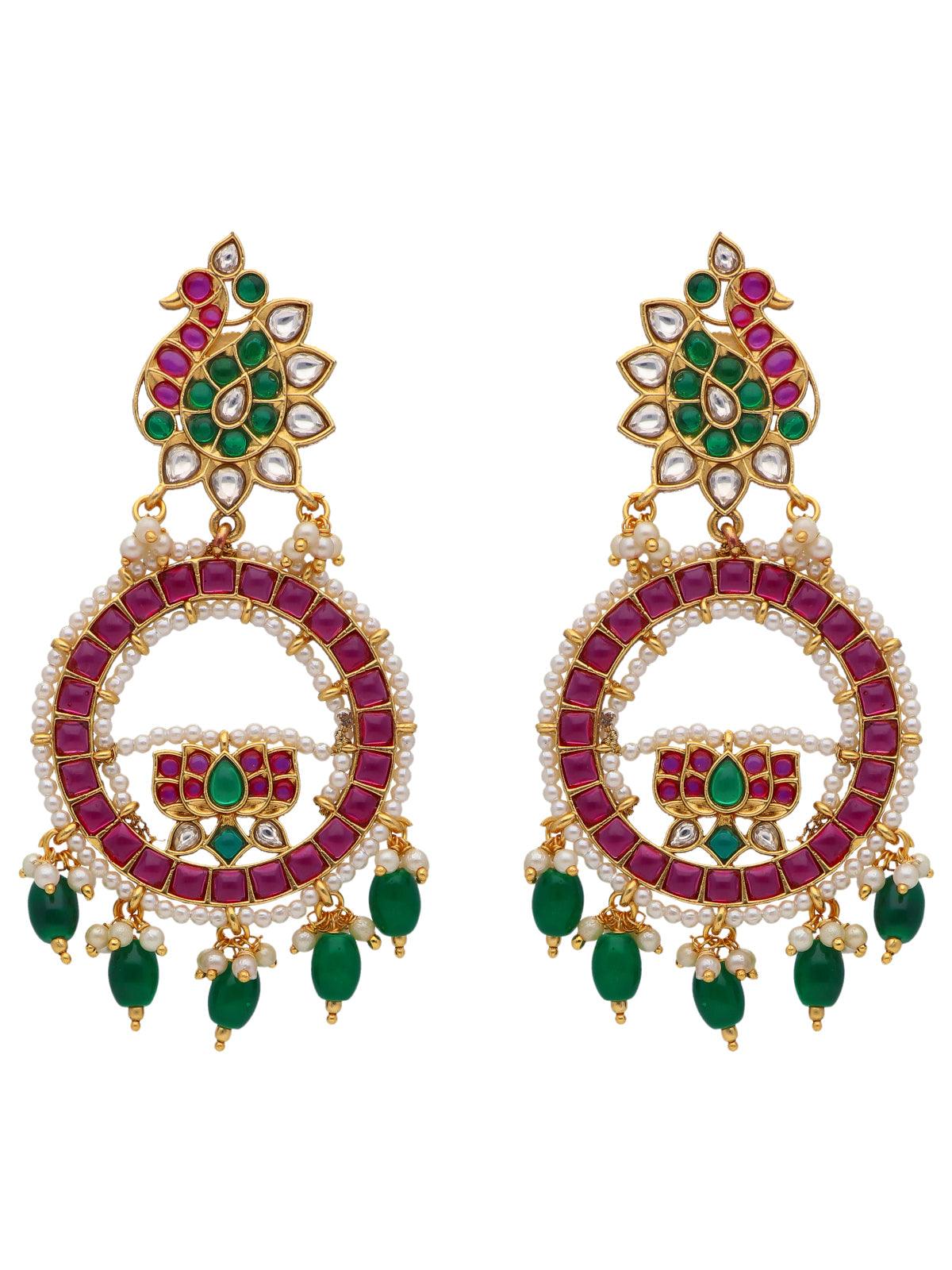 Temple Mayura Red and Green Chandbali Earrings 