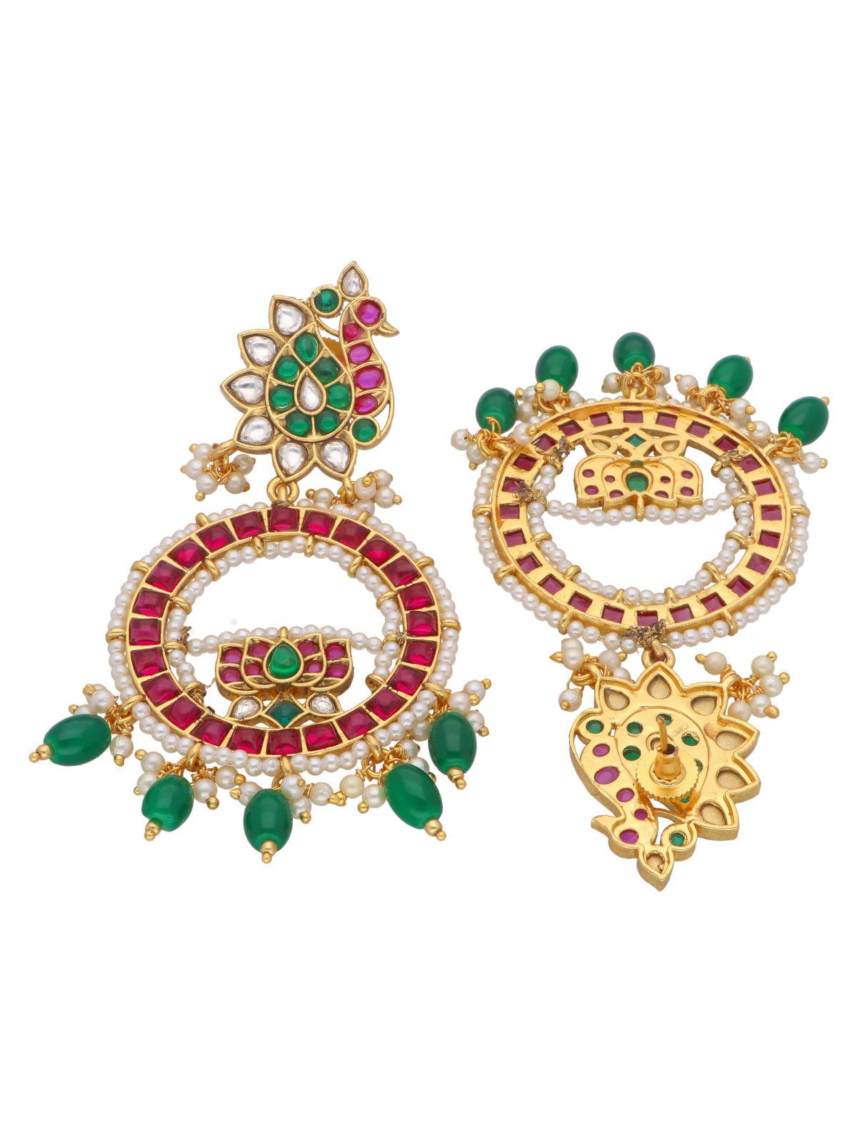 Temple Mayura Red and Green Chandbali Earrings 