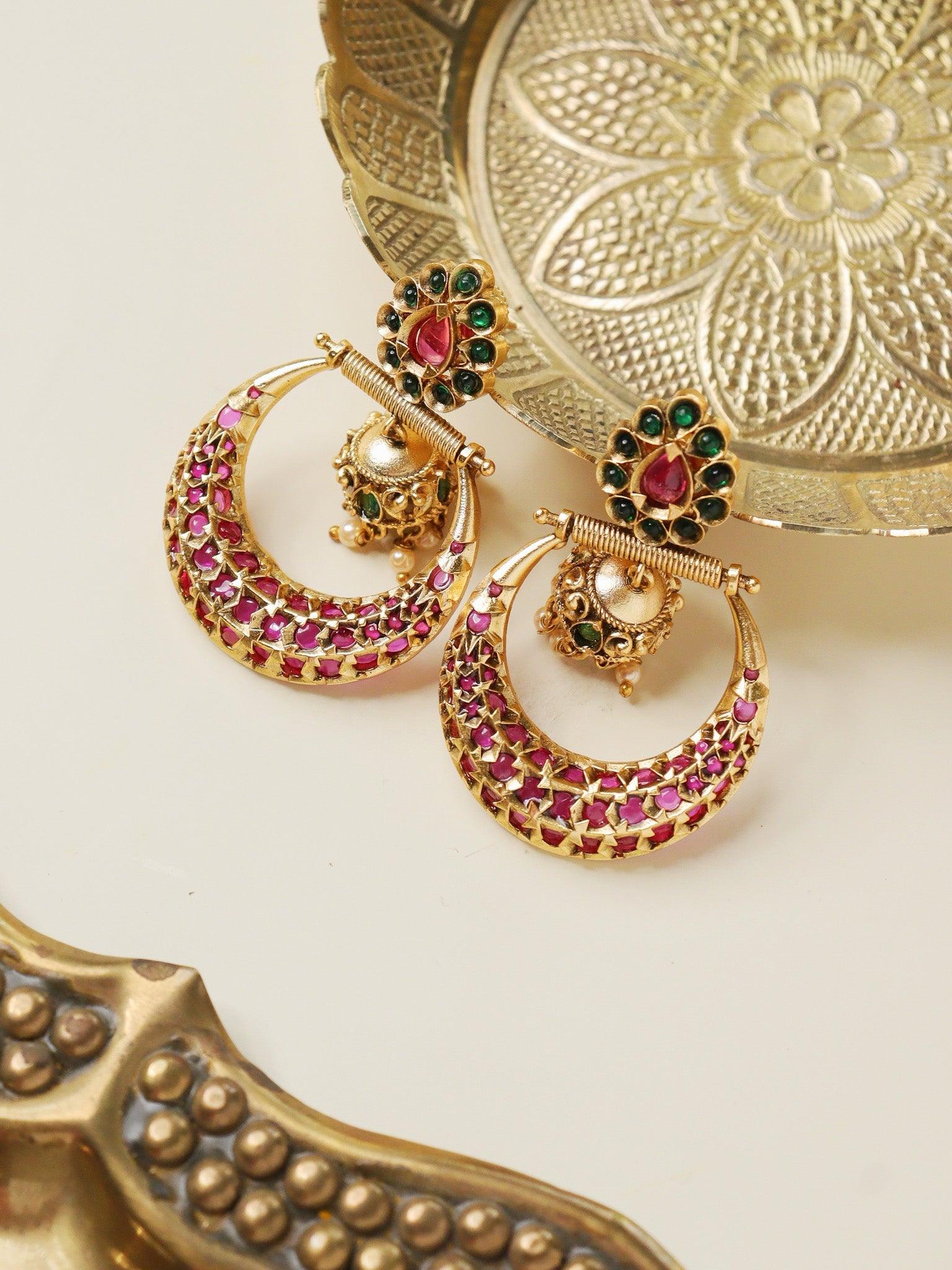 22K Gold Plated Green And Pink Stone Chaandbali Earring 