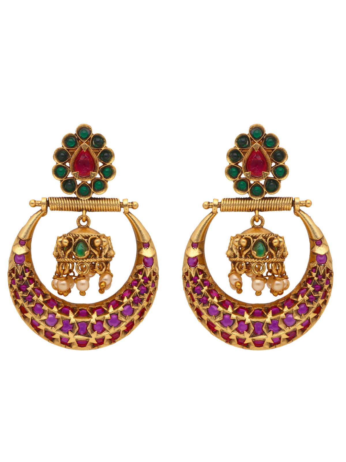 22K Gold Plated Green And Pink Stone Chaandbali Earring 