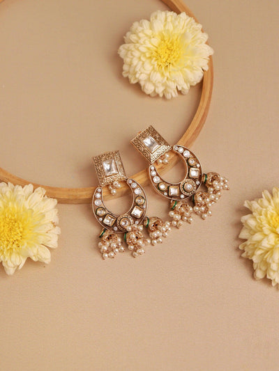 Gold-Plated Crescent Shaped Kundan Jhumkas Earrings 