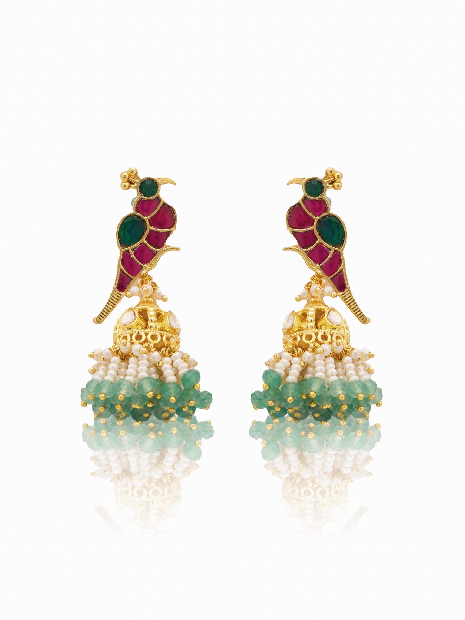 Pink Peacock Elegance: Gold-Toned Jhumkas with Green Kundan Drops 