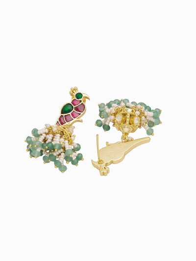 Pink Peacock Elegance: Gold-Toned Jhumkas with Green Kundan Drops 