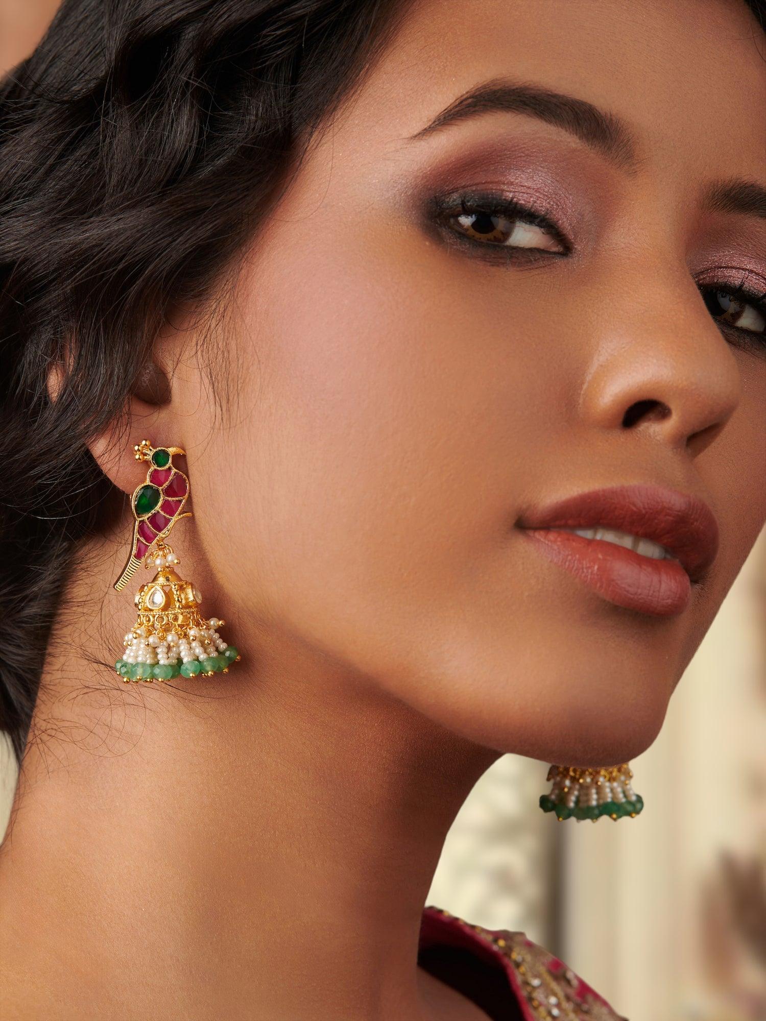  Pink Peacock Elegance: Gold-Toned Jhumkas with Green Kundan Drops