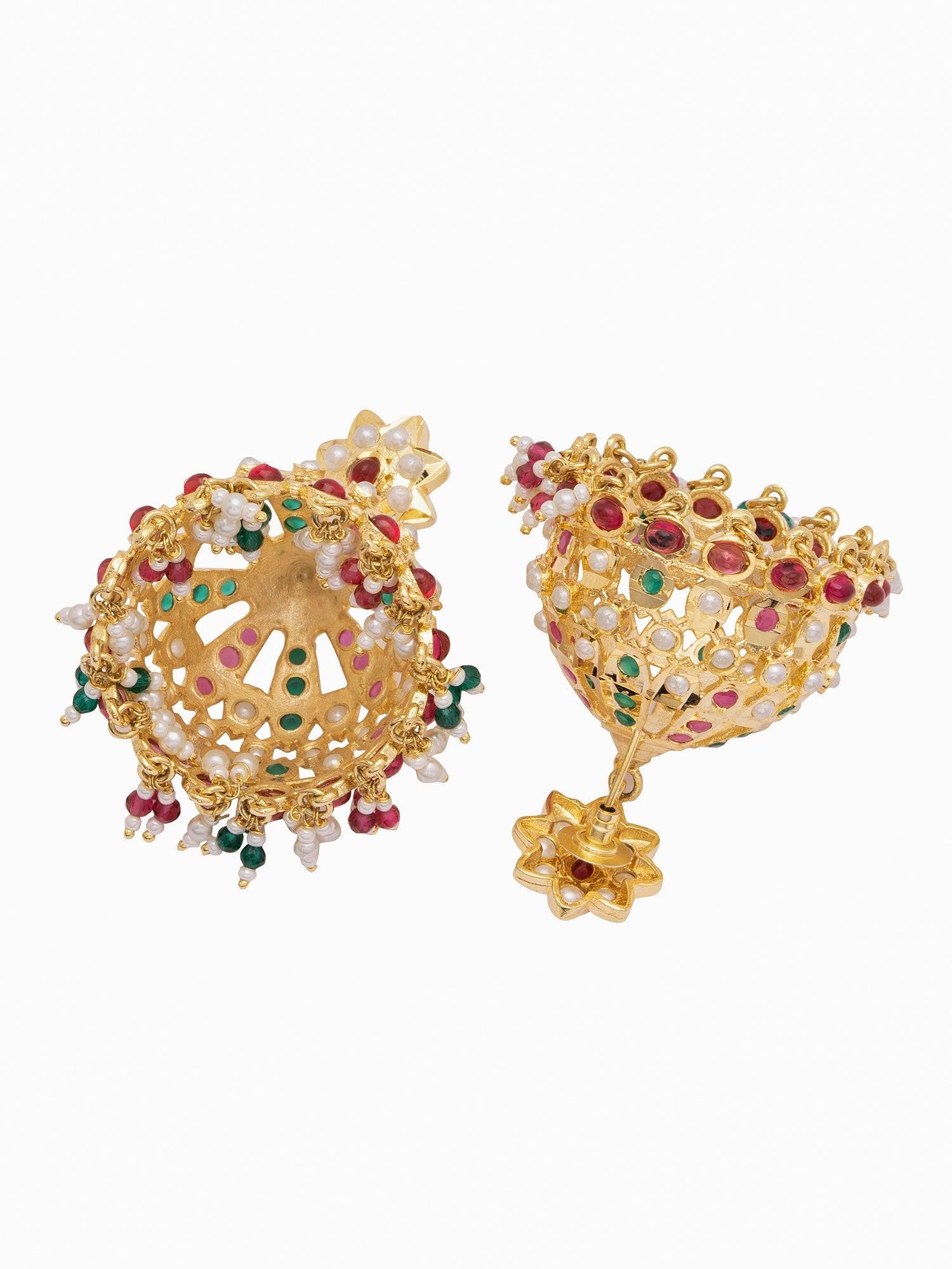 Pearl Studded Multi Stone Dome Jhumkas 