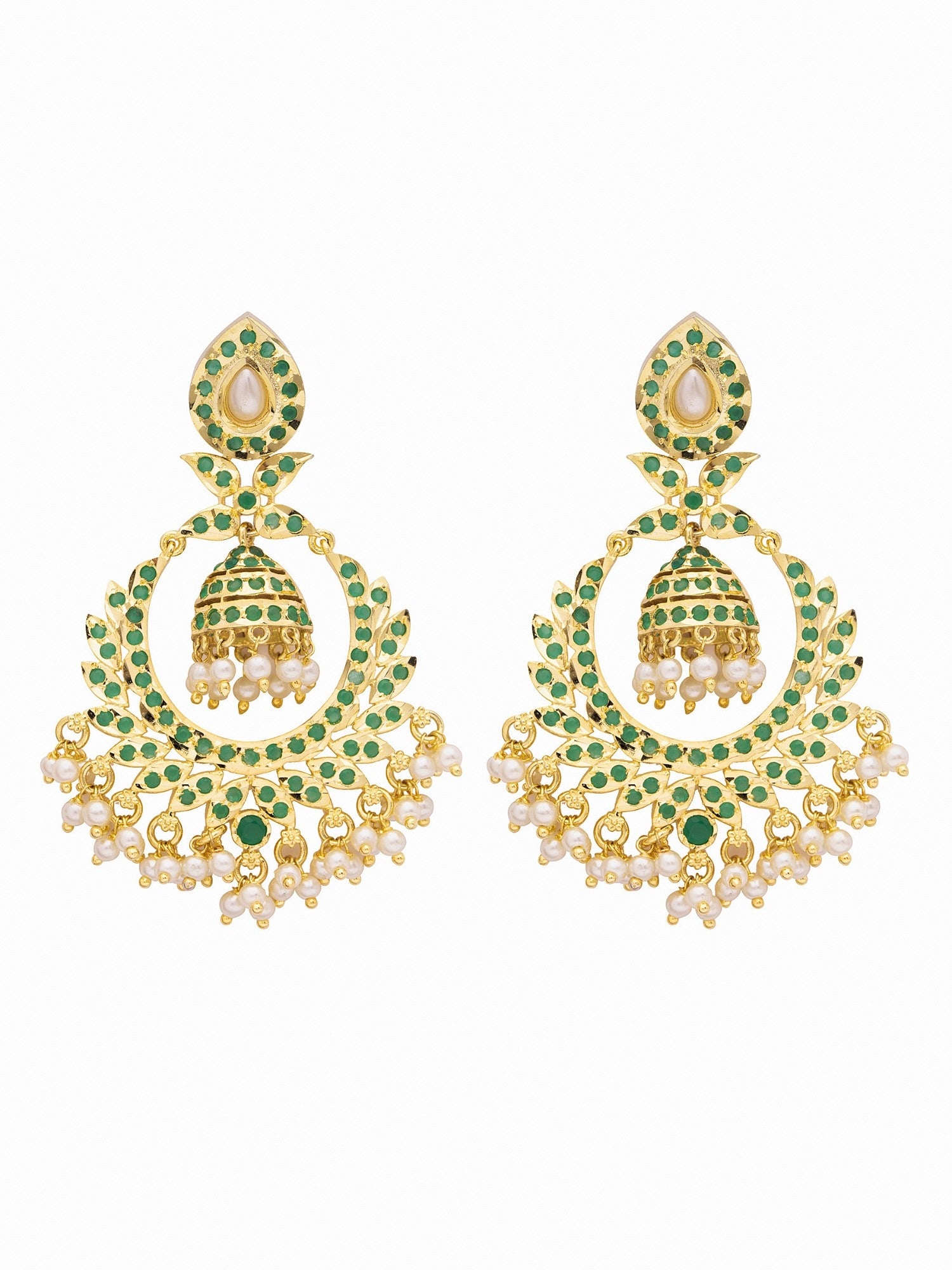 Gold Plated Long Kundan Chandbali Earrings with Green Crystal stones 