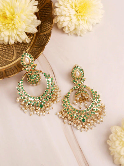 Gold Plated Long Kundan Chandbali Earrings with Green Crystal stones 