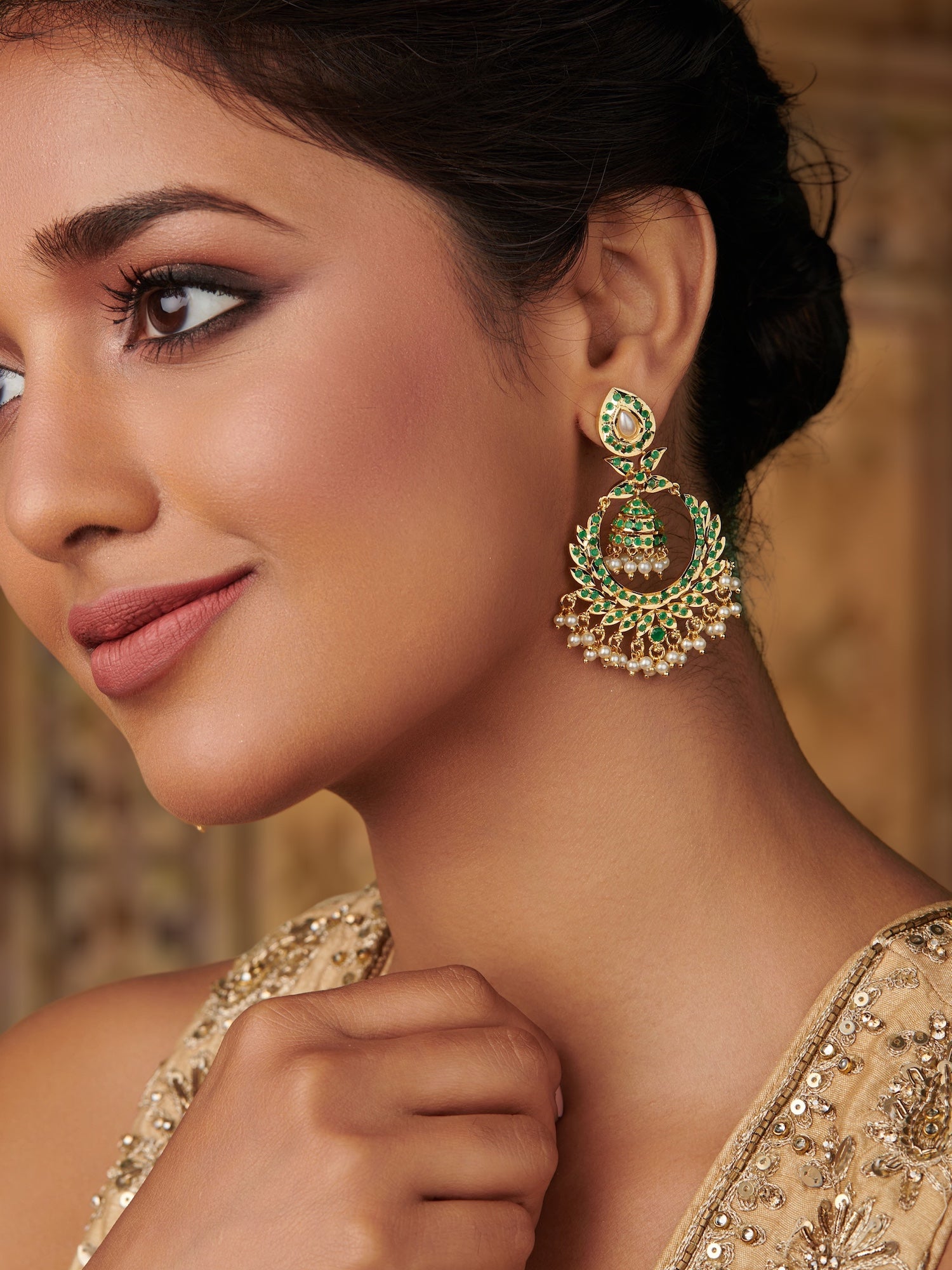 Gold Plated Long Kundan Chandbali Earrings with Green Crystal stones 