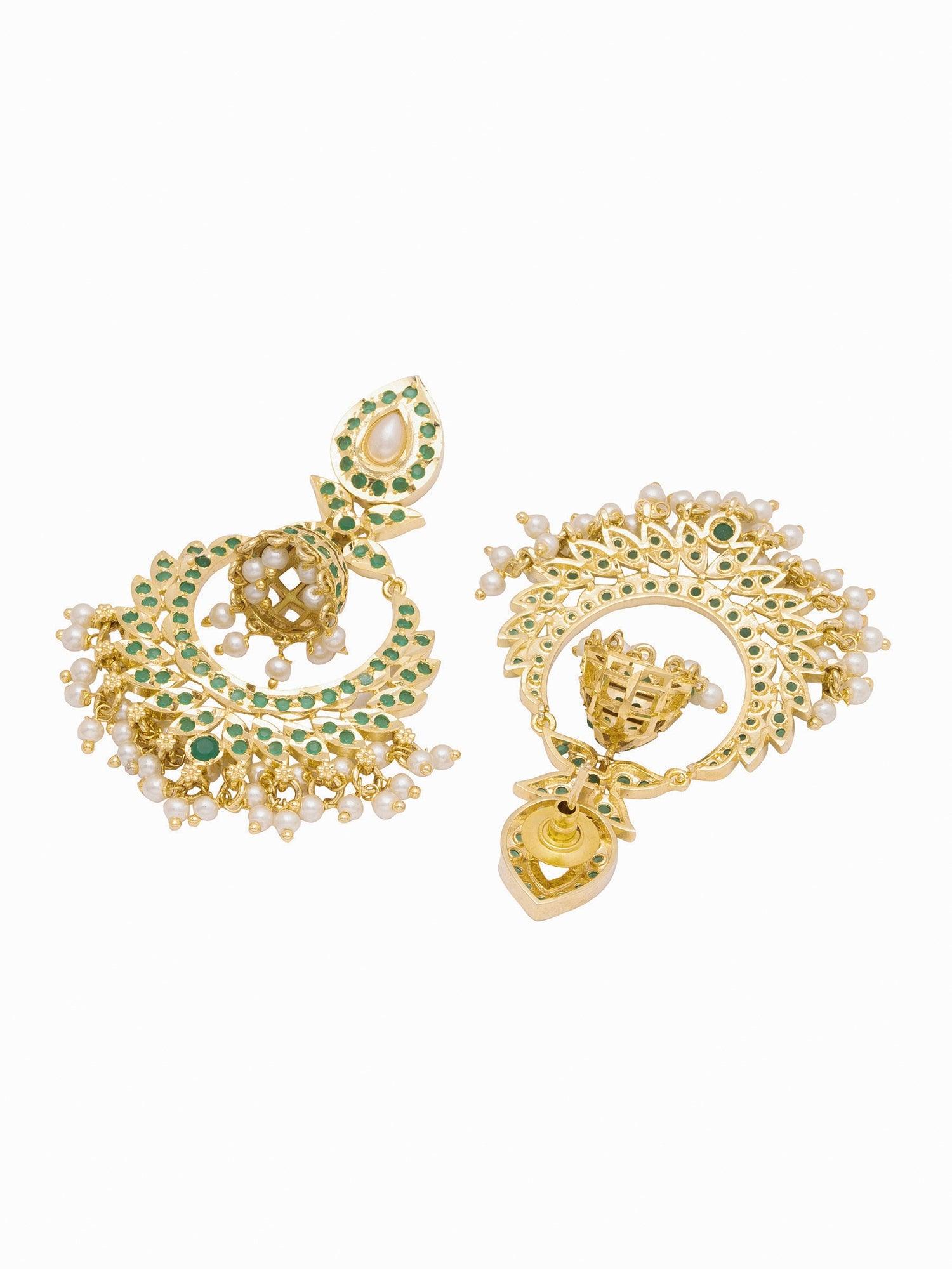 Gold Plated Long Kundan Chandbali Earrings with Green Crystal stones 