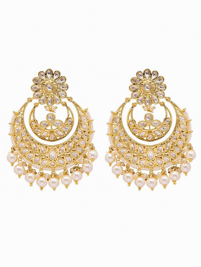 Floral White Enamel polki Chandbali Jadau Earrings with Pearl Drop 