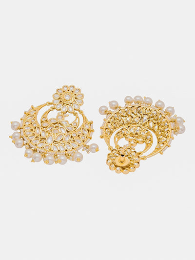 Floral White Enamel polki Chandbali Jadau Earrings with Pearl Drop 