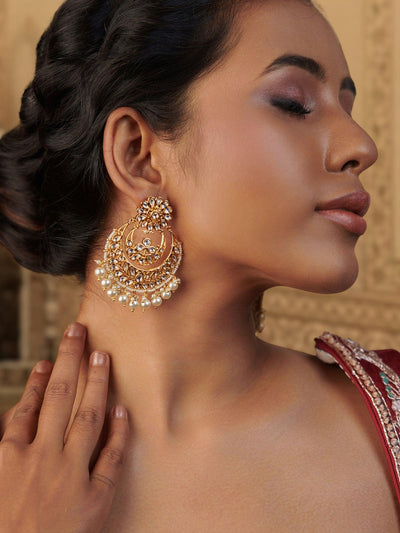  Floral White Enamel polki Chandbali Jadau Earrings with Pearl Drop