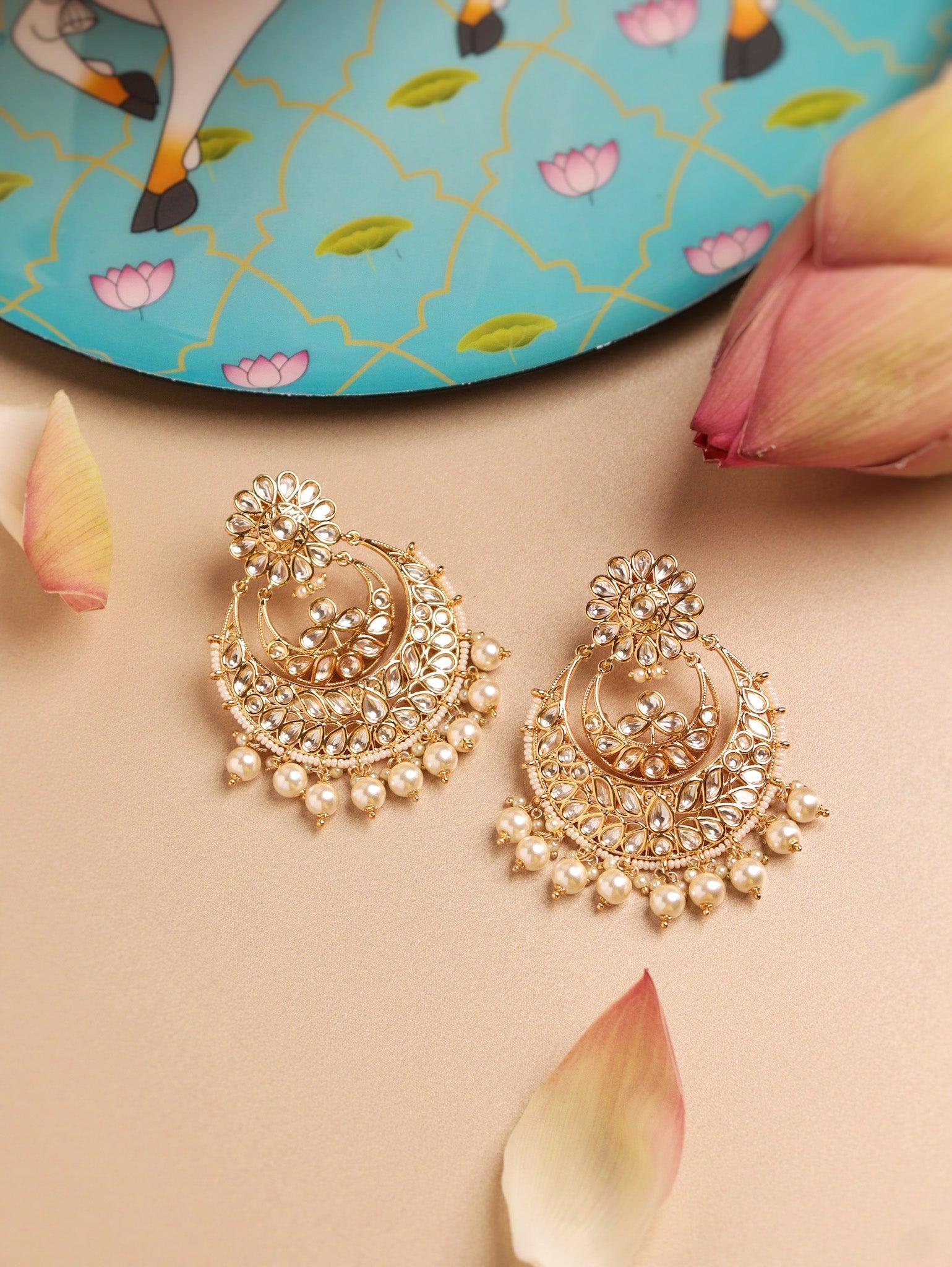  Floral White Enamel polki Chandbali Jadau Earrings with Pearl Drop