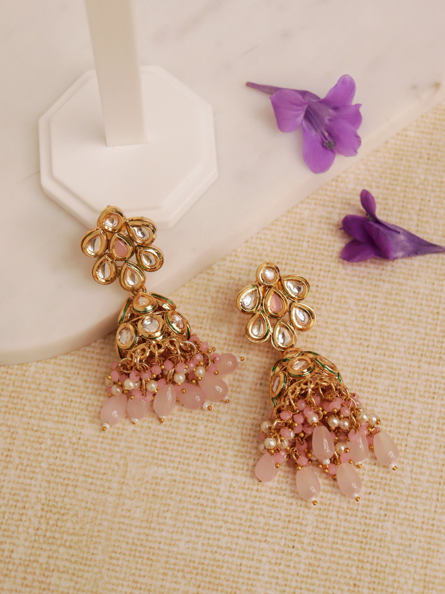  22KT Gold Plated Kundan Polki & Pink Beaded Jhumka Earrings