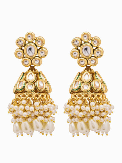 Bloomed Kundan Floral Jhumkas with Pearl Hanging 
