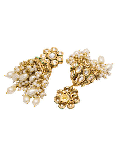 Bloomed Kundan Floral Jhumkas with Pearl Hanging 