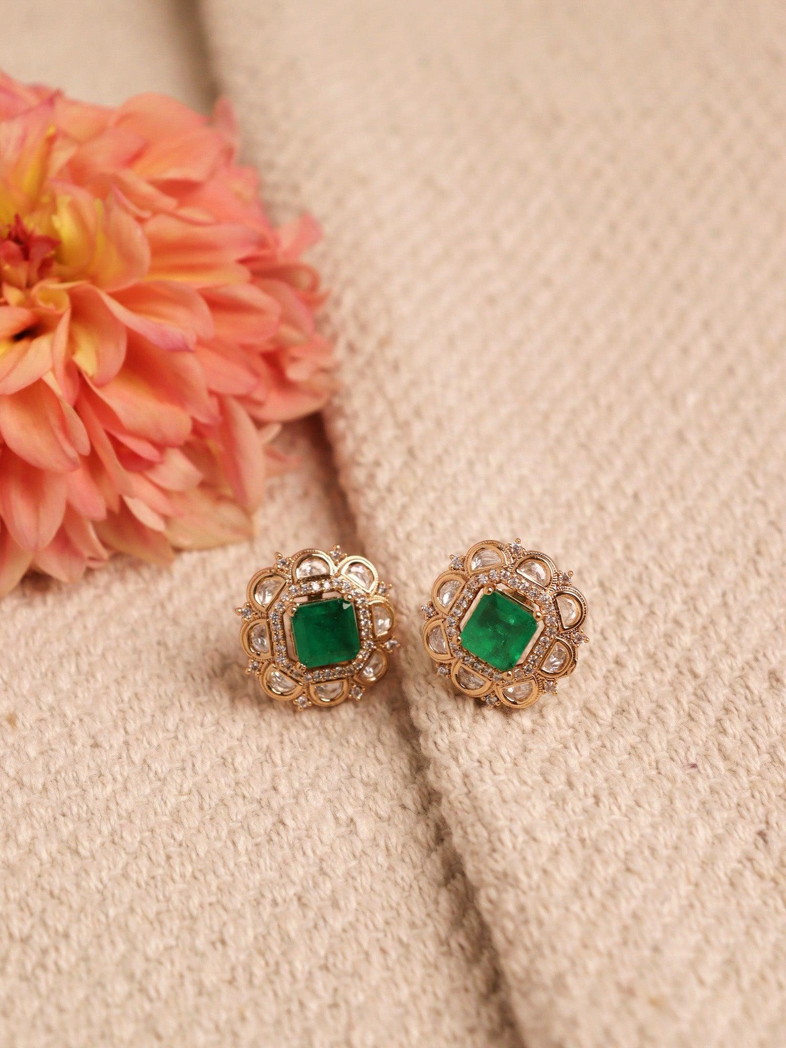 22 KT Gold Plated Emerald Green Zirconia Stud Earrings 