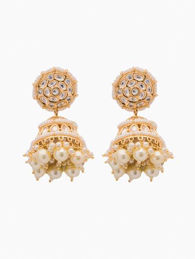 18 KT Gold Plated Kundan-Encrusted Jhumka Earrings with Pearl Drops 
