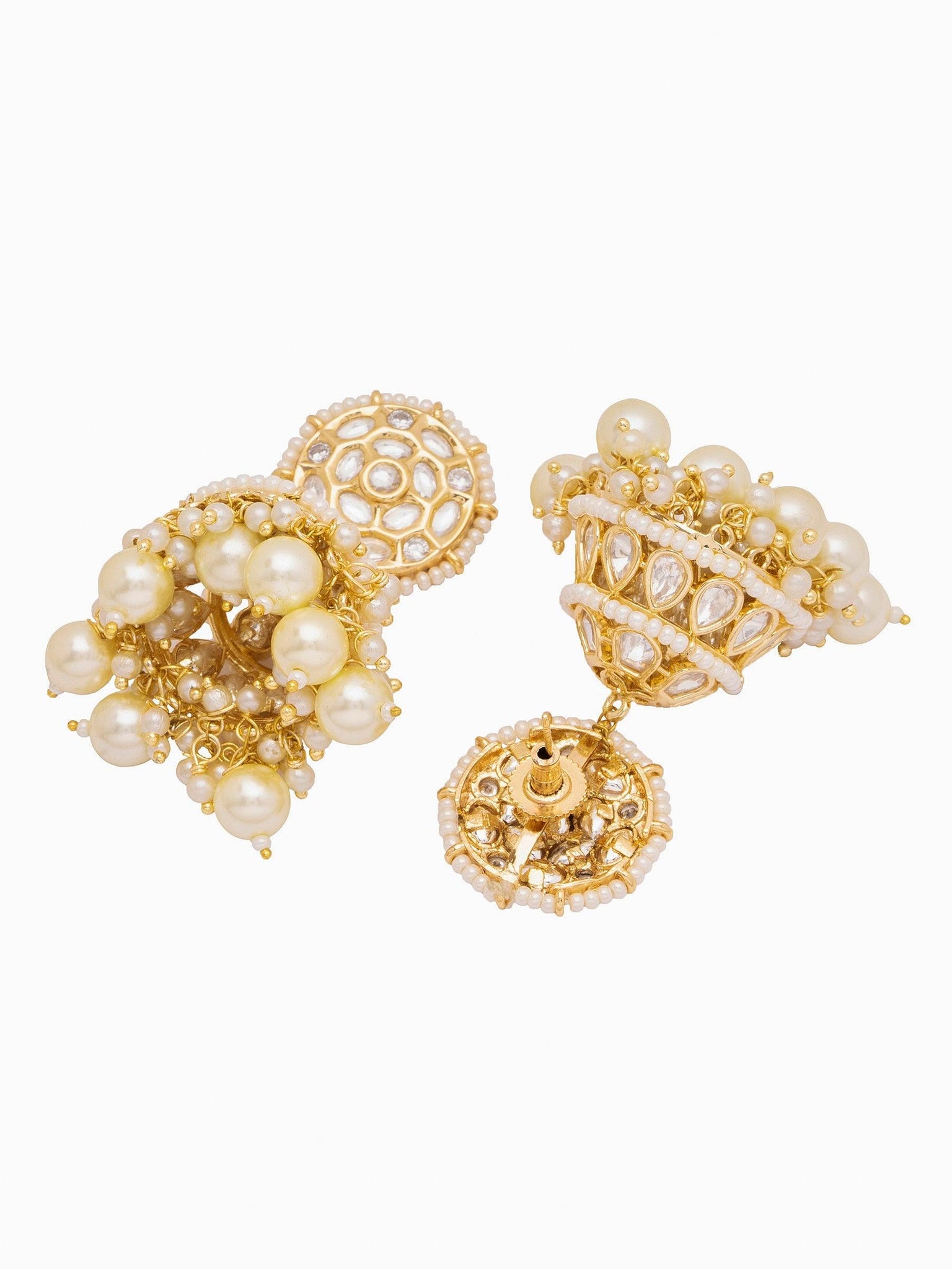 18 KT Gold Plated Kundan-Encrusted Jhumka Earrings with Pearl Drops 