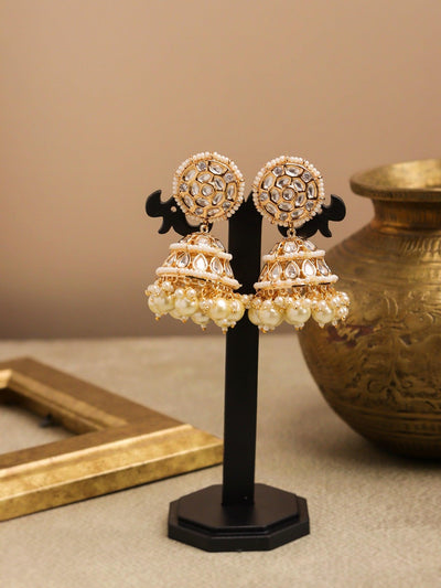 18 KT Gold Plated Kundan-Encrusted Jhumka Earrings with Pearl Drops 