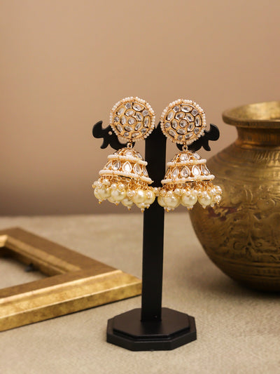  18 KT Gold Plated Kundan-Encrusted Jhumka Earrings with Pearl Drops