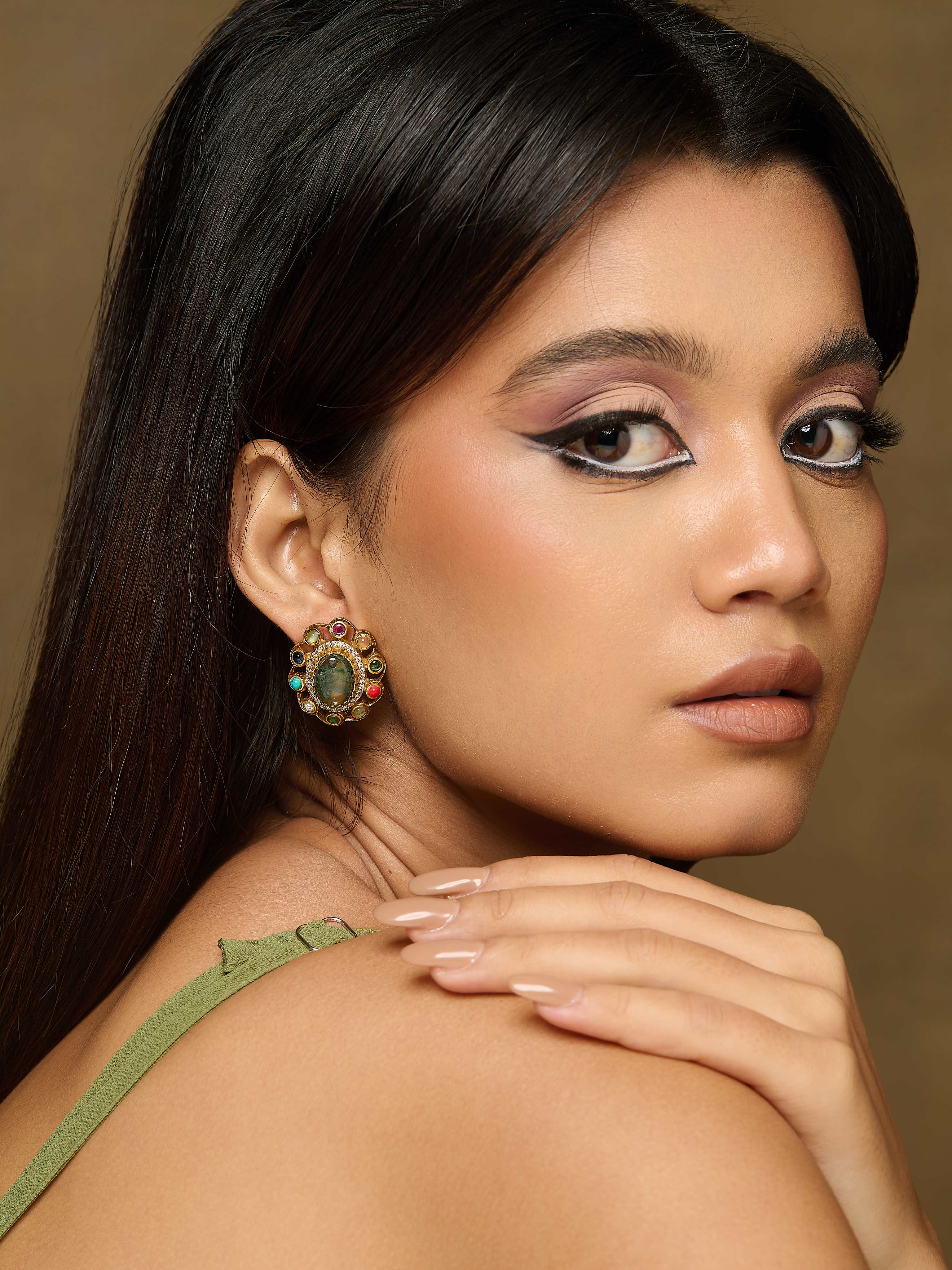 Navratna Jade Stud Earrings