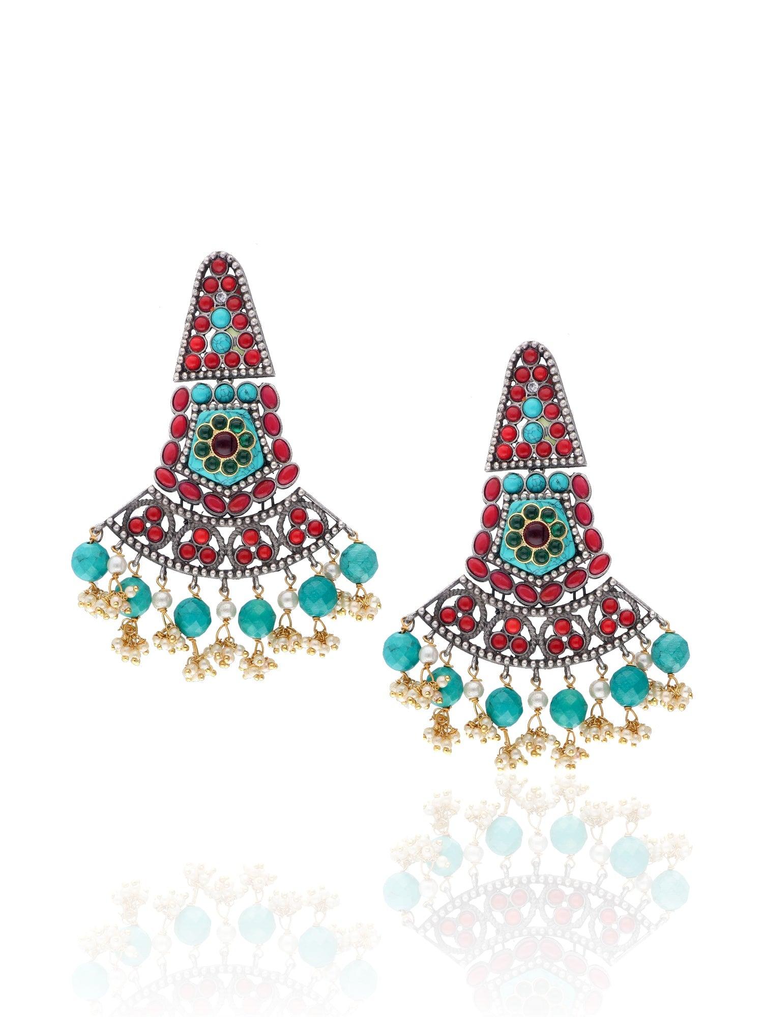 Aria Red and Turquoise Boho Dangler Earrings 