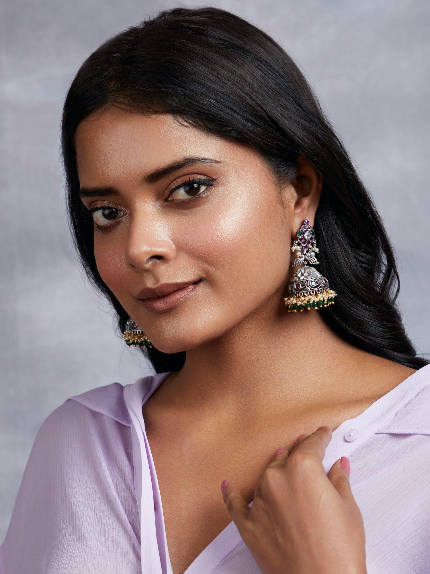  Aria Green and Pink Pearl jhumki Earrings