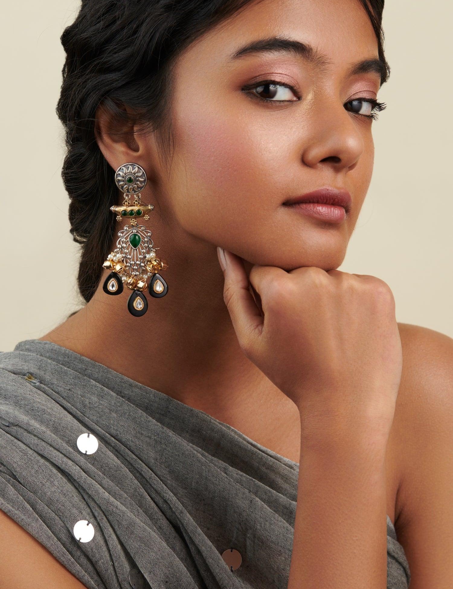 Oxidised Green and Onyx Earrings