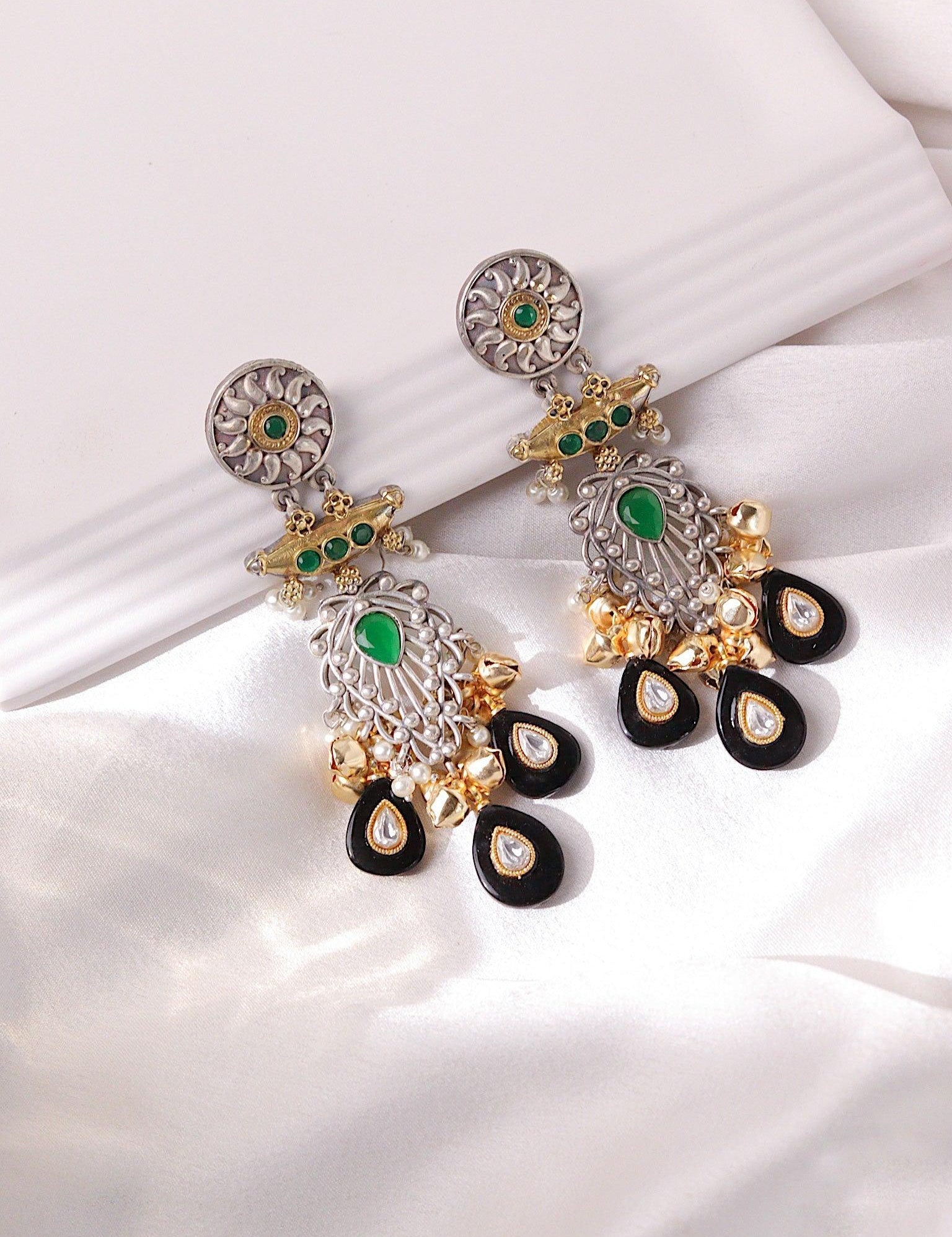 Oxidised Green and Onyx Earrings