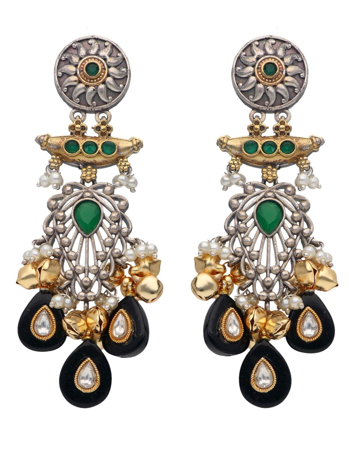 Oxidised Green and Onyx Earrings