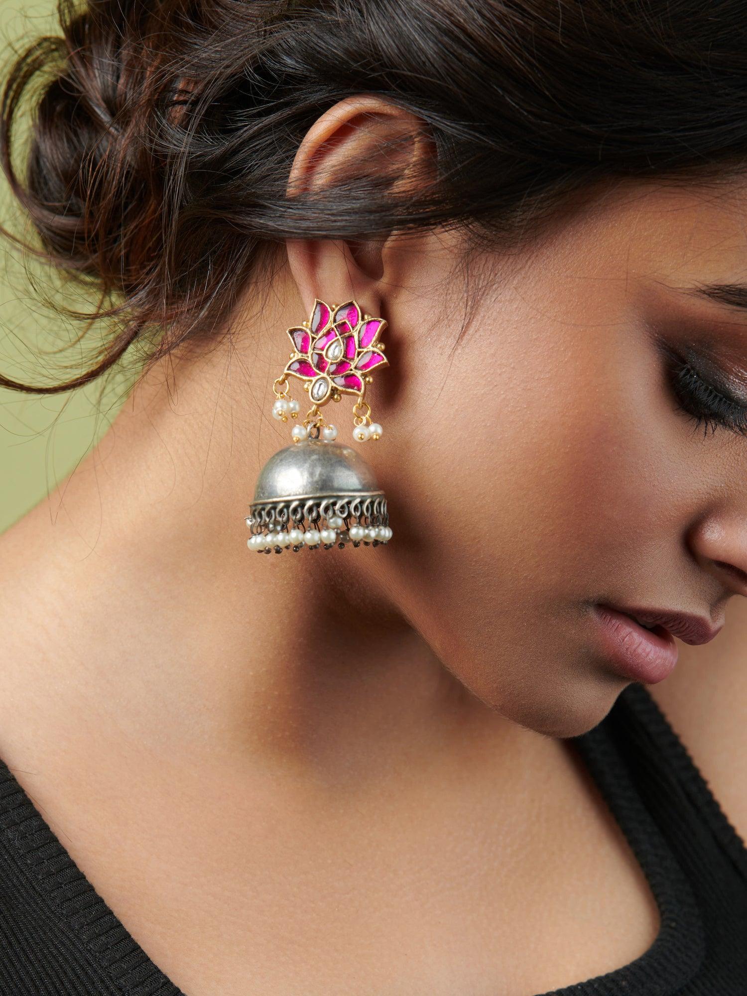 The Gypsy Blooming Pink Lotus Jhumka Earrings - Curio Cottage 