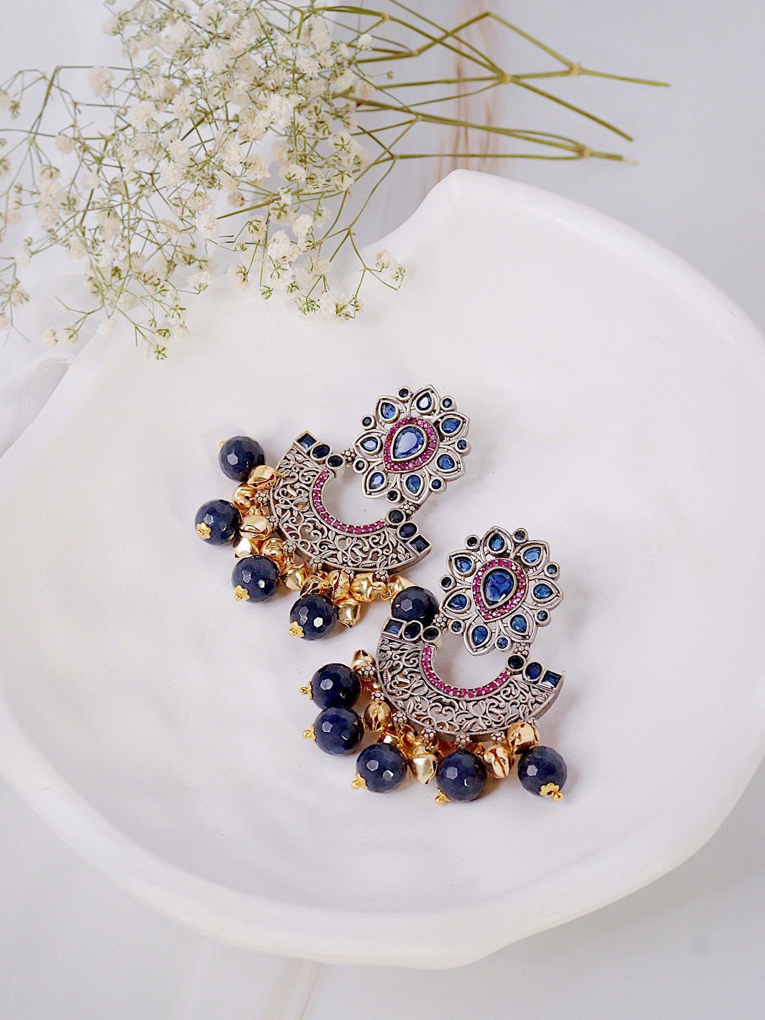  The Gypsy Azure Blue Ghungroo Chandbali Earrings