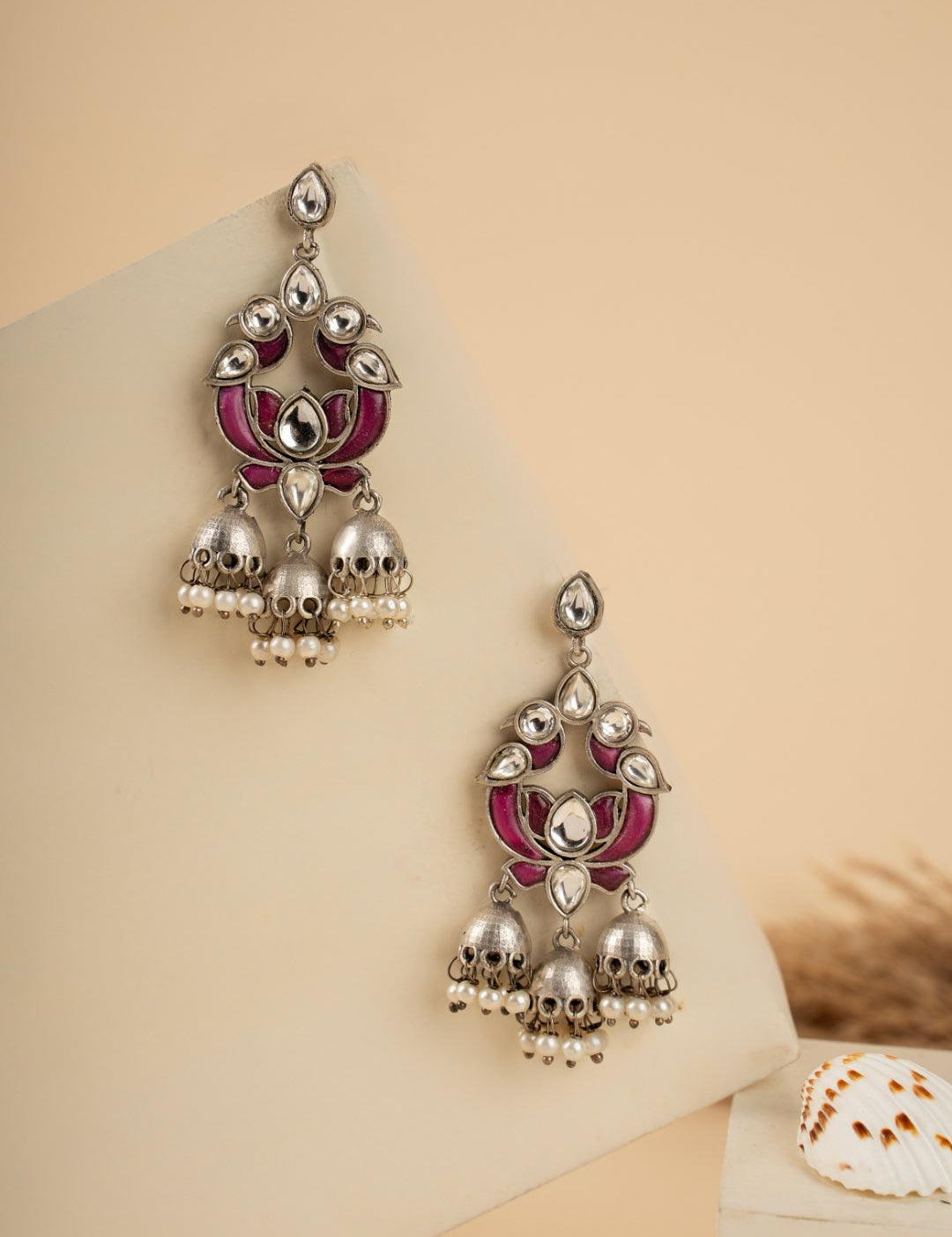Lotus Motif Oxidized Jhumki Earrings