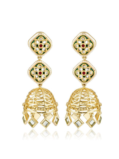 Aina Green Floral Stud Mirror Long Jhumkis 