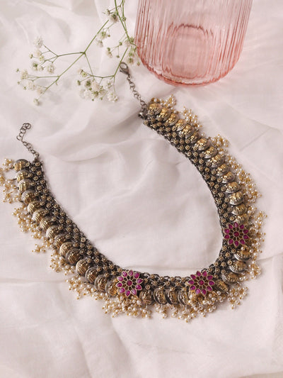  Aria Floral Pink Coin and Pearls Necklace