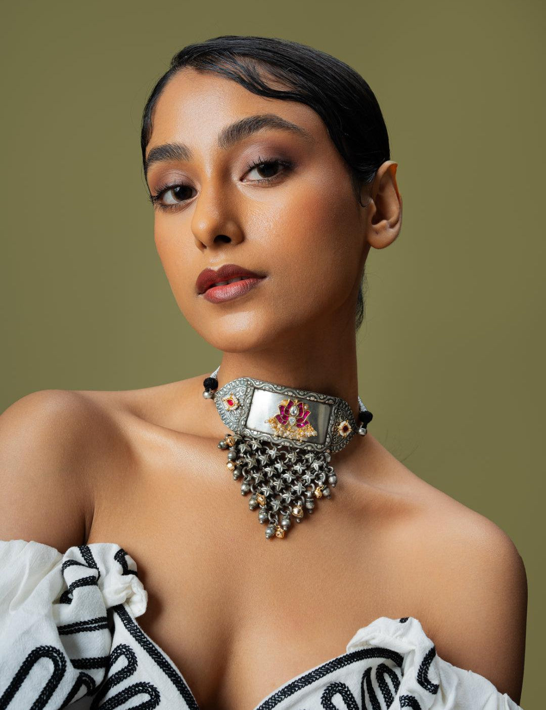 Oxidised Lotus Motif Choker