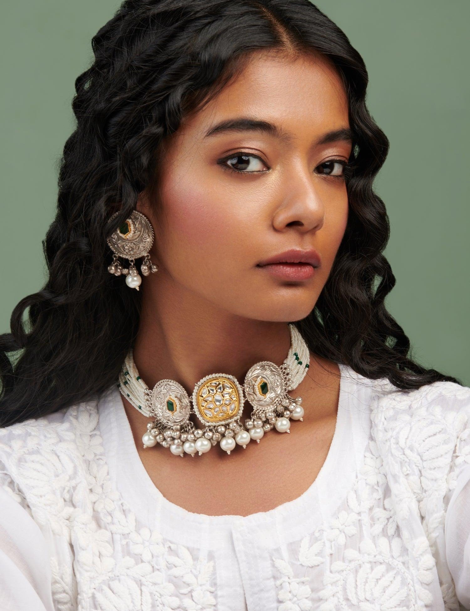 Oxidised Green Pearl Choker Set